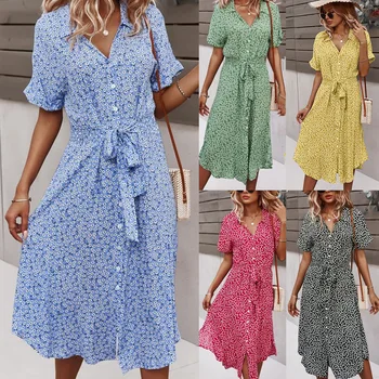 WANYUCL moterų spausdinti suknelė atsitiktinis atostogų stiliaus 2021V-kaklo vidurio juosmens pavasarį ir vasarą seksualus big swing sijonas moterims