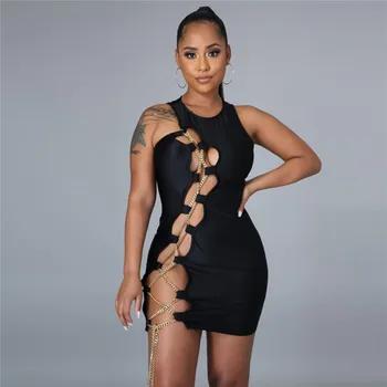 WJFZQM Moterys Vasarą Seksualus Tuščiaviduriai Iš Tvarstis Šalies Klubas Bodycon Mini Black Tankas Suknelės Sundress 2021 Moterų Drabužių Streetwear