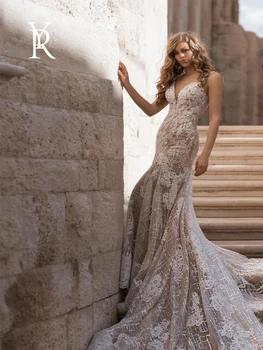 YILIBER Undinė vestuvių suknelė prabangus retro šampano v-kaklo aplikacijos apdailos vestuvių suknelė didelis sijonas