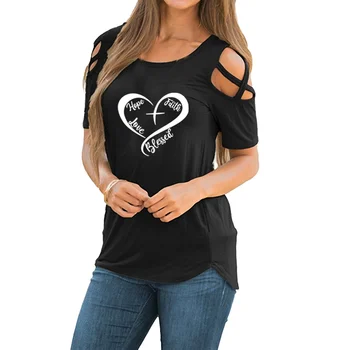 Širdies Vilties, Tikėjimo, Meilės Palaiminti Spausdinti Marškinėlius Medvilnė Rankovės Juokinga 2020 Metų Vasaros Femme peties tuščiaviduriai nėrinių marškinėliai