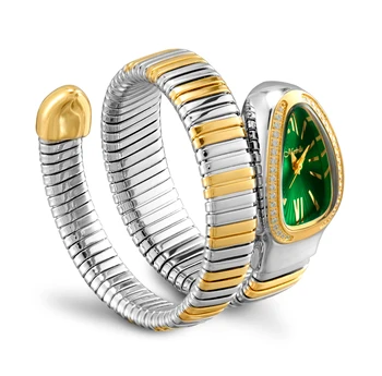 Ženevos Dizaineris Moterų Laikrodžiai, Aukso Gyvatės Formos Bangle Hip-Hop Ponios Kvarco Žiūrėti Bling Diamond Žalia Moterų Laikrodis Reloj Bangle