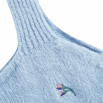 2020 moterų mados gėlių siuvinėjimas mėlyna za diržas viršūnes moterų derliaus megzti elastinga tankų moterų atsitiktinis vasaros pilka liemenė