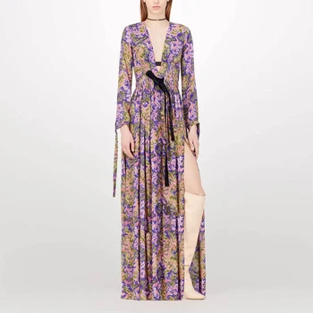 2021 m. pavasario vasaros moterų naujo dizaino suknelės kokybės elegantiškas suknelė su lanką mėlynos spalvos gėlių spausdinti Paplūdimio Stilių, ilgas, maxi suknelė