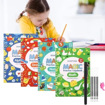 4 Knygos/Set Vaikų Magija Knygos,Daugkartinio naudojimo 3D Kaligrafija Copybook, anglų Skaičius Užrašu Magija Praktikoje Copybook Žaislai