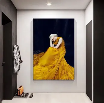 80x120cm Moteris su Geltona Suknelė Drobė Menas, Plakatų Namų Kambarį Dekoro