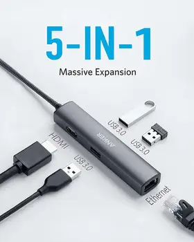 ANKER USB C Hub Adapteris, 5-in-1 USB C Adapteris su 4K USB C, HDMI, Ethernet, 3 USB 3.0 Prievadus, 