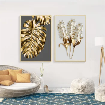 Abstrakti Aukso Lapų Gėlių Paveikslai Tapyba Šiaurės Augalai Plakatas Sienos Menas Spausdinti Nuotrauką, Moderni Praėjimo Kambarį Namų Dekoro