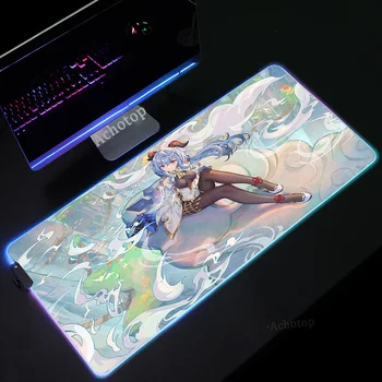 Anime Genshin Poveikio RGB Didelis Kilimėlis Anti-slydimo Padas LED Kompiuterinių Žaidimų Žaidėjų Priedai su Laidu Žaidimų Kilimėlis XXL