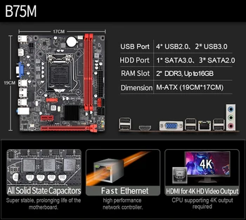 B75M Darbastalio Plokštė B75 LGA 1155 už i3 i5 i7 CPU Support DDR33 Atmintis 3*USB 3.0 SATA 3.0 Iki 16GB