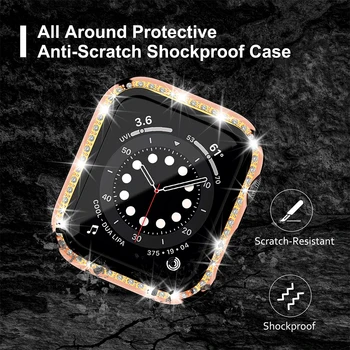 Bling Atveju su Screen Protector for Apple Žiūrėti SE 6/5/4 44mm 40mm Stiklo, Krištolo ir Deimantų Dangtis Bamperis už iWatch 42mm /38mm