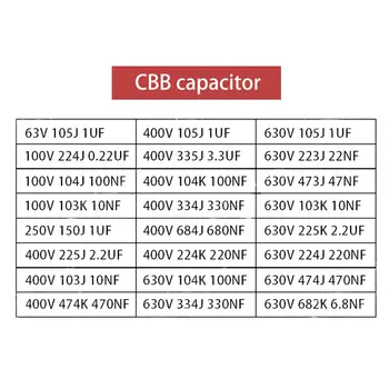 CBB kondensatorius 100V 63v 250v 400V 630V 104J 0.1 uf 100nF 105 2.2 UF P=5 10 15 20 25 MM 10vnt