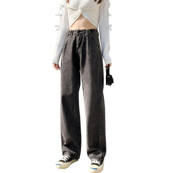 Derliaus Tiesiai Aukšto Juosmens Džinsai Moteris Džinsinio Audinio Kelnės Visas Ilgis Kelnės Moteriški Drabužiai Juodi Džinsai Korėjos Mados Streetwear