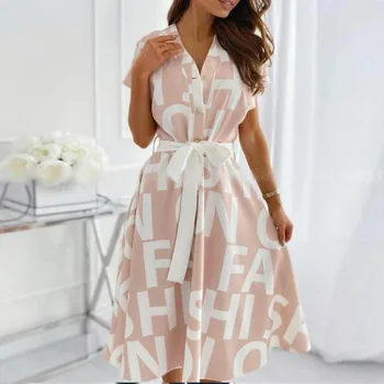Elegantiškas Laiškas Spausdinti Šalis Suknelė Moterų V-Kaklo-Line Suknelė 2021 M. Vasarą trumpomis Rankovėmis Nėriniai-up Juostinės Marškinėliai Suknelė Ponios Vestidos