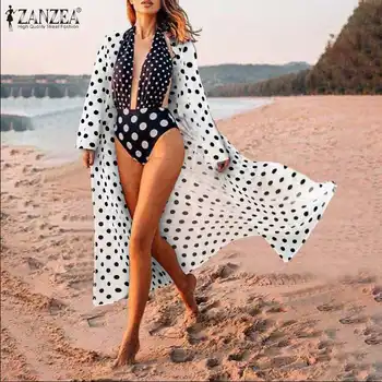 Feminino Padengti Kailis Paplūdimio Palaidinės, Marškinėliai ilgomis Rankovėmis Atspausdintas Viršūnes Elegantiškas ZANZEA Moterų Nėriniai Bohemijos Cardigan Chemise