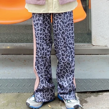 Harajuku Poilsiu Pink Leopard Print Atsitiktinis Kelnės Plačios Kojos Sweatpants Moterų Kelnės Aukštu Juosmeniu Kelnės Paauglių Streetwear 2021
