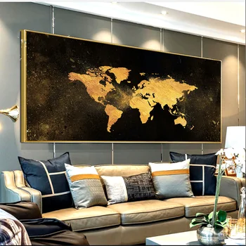 Juodojo Aukso Šiuolaikinio Meno Pasaulio Žemėlapio Vaizdą Klasikinio Stiliaus Drobės Abstrakčios Tapybos Freskos Šiuolaikinės Frameless Namų Puošybai