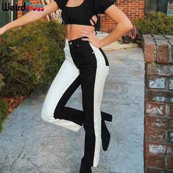 Keista Puss Y2K Medvilnės Moterų Aukšto Liemens Kelnės Tiesios Black&White Kratinys Džinsai Vintage Mados Streetwear Slim Džinsinio audinio Kelnės