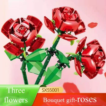 Kūrybiška Mergina Pastato Blokas Žaislų 3 Puokštė Rožių Valentino Dieną Kovos Įdėjimas Kūrimo Bloką, Žaislai Mokytojo Dienos Dovanų