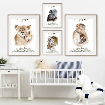 Liūtas, Vilkas Koala Tigras Fox Mama Ir Kūdikis Plakatai Ir Spausdina Sienos Meno Tapybos Drobės Sienos Nuotraukos, Vaikų Kambarys Safari Darželio Dekoras