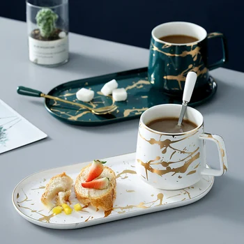 MUZITY Keramikos Pieno Puodelis su Pusryčiais Lėkštės Porcelianas MarbleTea Puodelis ir Lėkštelė Vienas Asmuo Rinkinys