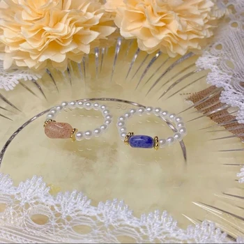 Momiji Handmake Natūralaus Akmens Žiedai Moterims, Klasikinės Juodos su Nerūdijančio Granulių Žiedas Opal Bluesand Rožinė Cystal Vestuvinis Žiedas