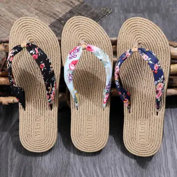 Moterų Batai Vasaros Gėlių Fifo Paplūdimio Sandalai Dirželius sandalai, Šlepetės Imitacija, kanapių virvė kelionės šlepetės butas-apačioje