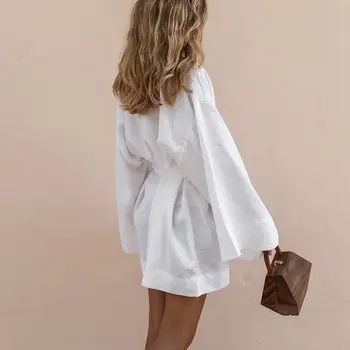 Moterų V-Kaklo Kimono Megztinis Mini Suknelė Baltos Medvilnės Skalbiniai ilgomis Rankovėmis Varčias Nėrinių Suknelės Moterims Vasaros Prarasti Vestidos
