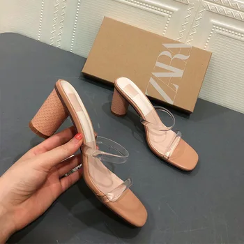 Moterų batai 2020 naujas storas kulnas sandalai atidaryti tne su skaidriu kvadrato kojų mid-high heel sandalai ir šlepetės