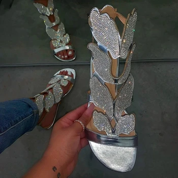 Moterų sandalai bling suquined medžiaga dirželio sagtis drugelis kristalų naujas vasaros moterų mados batai ponios plius dydžio basutės