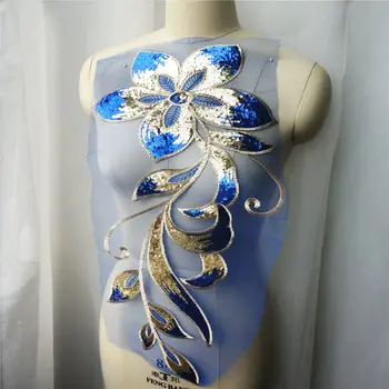 Mėlyna Aukso China Gėlių Lapus, Nėrinių Medžiaga Išsiuvinėta Vestuvinė Suknelė Appliques Apykaklės Akių Siūti Pleistras Suknelė 