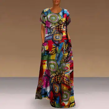 Naujas Bohemijos Spausdinti Maxi Suknelė Moterų Vasaros Sundress Atsitiktinis Trumpas Rankovės Ilgos Moterų Spausdinti Drabužius, Plius Dydis