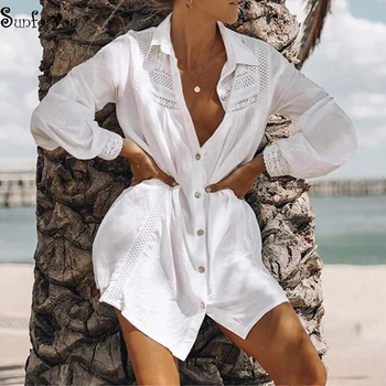 Naujas Padengti-ups 2021 Baltos Medvilnės Bikini Padengti iki Nėrinių Kratinys Moterų Paplūdimio Seksualus Paplūdimio Sarongas Top marškinėliai, maudymosi kostiumėlį Padengti Iki