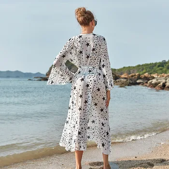 Paplūdimio suknelės 2021 m. Vasarą ilgomis Rankovėmis Spausdinti Seksualus Prarasti Šifono Atostogų Bohemijos Kimonos Paplūdimio Cover Up maudymosi Kostiumėliai Moterims