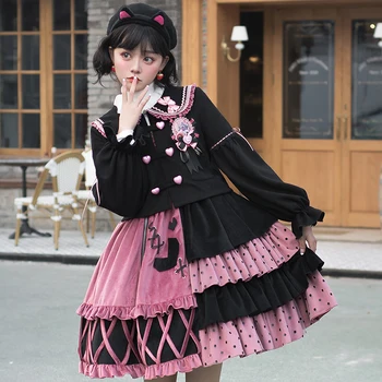 Pavasario Gothic Lolita Dress Braškių Jsk Retro Dot Rausva Juoda Atitikimo Saldus Berankovis Suknelė Ilgomis Rankovėmis Loli Kailis Kawaii Punk