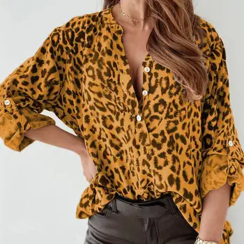 Plius Dydis Moterų Marškinėliai Mados ilgomis Rankovėmis Stovėti Apykaklės, Sagos, Leopardas spausdinimui Office Slim Marškinėliai Palaidinė Viršūnes рубашка женская 2021