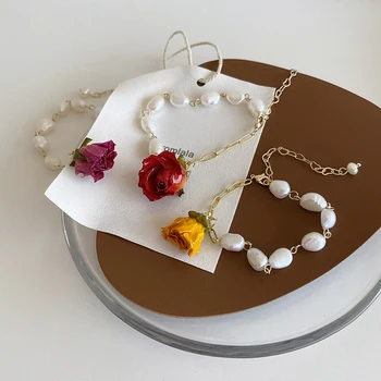 Prancūzijos Šviesą Nekilnojamojo Dažų Rose Žavesio Apyrankės Moterims Sumaišyti Aukso Stambusis Nuorodą Grandinės Nereguliarus Natūralių Gėlavandenių Perlų Apyrankė