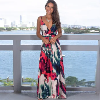 Rankovių Maxi Suknelė Apynasrio Beach Vacation Dėvėti Bohemiškas Stilius Gėlių V Kaklo Moterų Ponios Atostogų Ilga Suknelė Sundresses 2XL
