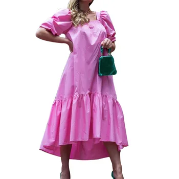 Retro Ilga Suknelė Moterims Kietas Hot Pink Susiėmę Trumpas Rankovės Kvadratinių Kaklo Prarasti Suknelė Rudenį Elegantiškas Inregular Suknelės Vestidos