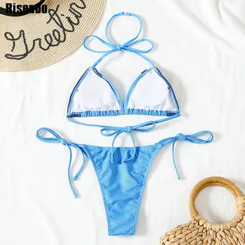 Riseado Push Up maudymosi Kostiumėliai Moterims, maudymosi kostiumėlį 2021 Seksualus Micro Bikini Kratinys Maudymosi Kostiumai Rišti Brazilijos Biquini Vasaros Bikini