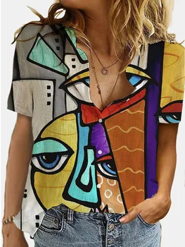 S-3XL Mados Geometrijos 3D Spausdinimo Vasaros Marškinėliai Moterims Atvartas trumpomis Rankovėmis Mygtuką Lady Office Marškinėliai Moteriška Streetwear Dydžio Palaidinukės