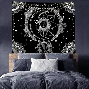 Sun Moon Mandala Žvaigždėtas Dangus Gobelenas Baltas Juodas Sienos Kabo Bohemijos Čigonų Psichodelinio Tapiz Astrologija, Raganavimas Gobelenas
