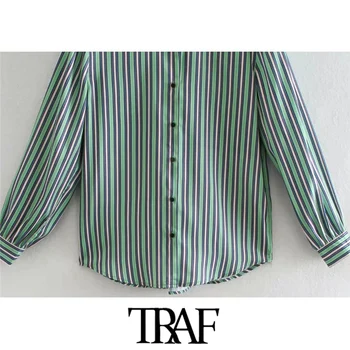 TRAF Moterų Mados Spalvų Dryžuotas Prarasti Palaidinės Derliaus ilgomis Rankovėmis Mygtuką-iki Moterų Marškiniai Blusas Prašmatnus Viršūnės