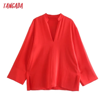 Tangada 2021 Moterų Negabaritinių Raudona Marškinėliai Palaidinė ilgomis Rankovėmis Chic Moterų Office Lady Marškinėliai Blusas Femininas 5Z161