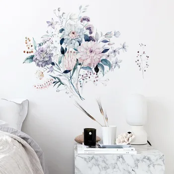 Vandens spalvos gėlės ir augalai sienų lipdukai miegamojo kambarį namo fone apdailos freskos nuimamas lipdukai, tapetai
