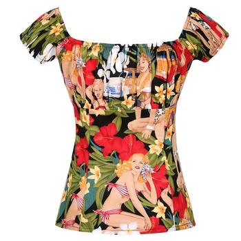 Vasaros Derliaus Medvilnės Marškinėliai Retro 50s 60s Palaidinės trumpomis Rankovėmis Vakarų Mergina Print Plus Size Viršūnes Rockabilly Elegantiškos Moterys Drabužiai
