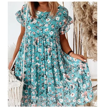 Vasaros moterų spausdinimo raundo kaklo trumpomis rankovėmis prarasti suknelė mažų gėlių Pynimas Bohemiškas stilius 2021