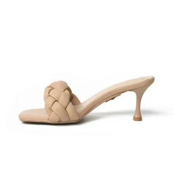 Vasaros naują stilių austi stiletto sandalai ir šlepetės kvadratinių kojų open-toe aukštakulnį atostogų strappy šlepetės moterims