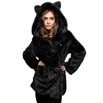 ZADORIN Mados Žiemos Moterys Dirbtiniais Fox Fur Coat Gobtuvu Su Kačių Ausų Storas Šiltas Long Sleeve Black Netikrą Kailio Striukė gilet fourrure