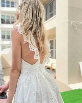 Za suknelė ponios 2021 mados derliaus siuvinėjimo balta mini suknelė ponios sexy V-kaklo, atvira nugara slim-fit suspender medvilnės suknelė