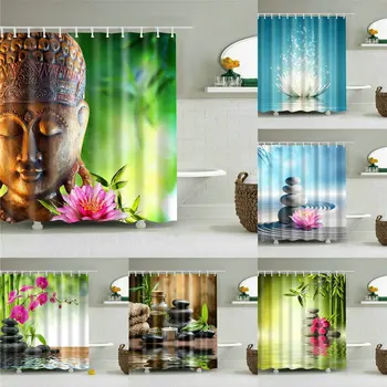 Zen Buda Kraštovaizdžio Dekoro Dušo Užuolaidų Žiedų, Augalų Lotus Žalia Bambuko Bus Akmens Dekoracijos Vonios Užuolaidos Spa Kabinti Medžiaga